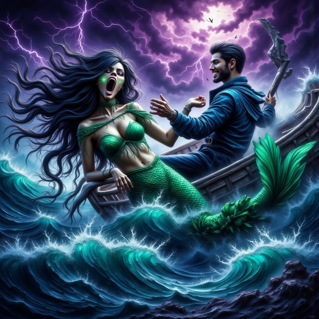 Evil Mermaid Saves Man From Stormy Sea in Dark Fantasy Style