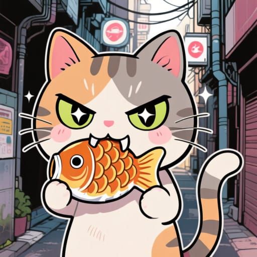 Tough Kawaii Cat in Tokyo Alley with Taiyaki