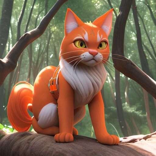 Orange Angora Cat in Sunlit Forest, Painting Style