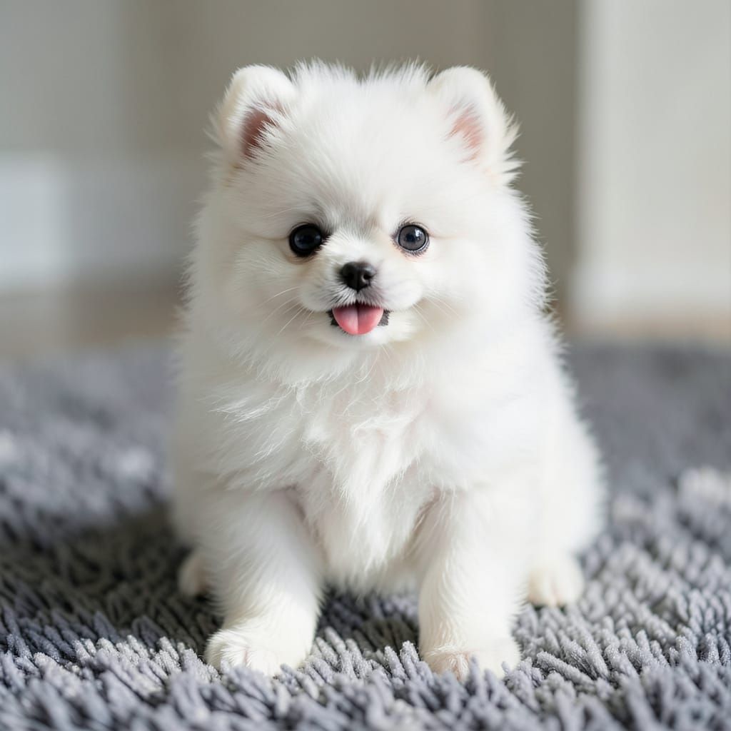 Adorable White Fluffy Pomeranian Puppy Portrait