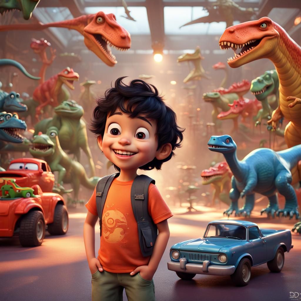 Cheerful Boy Playing with Toys: Pixar-Style 3D Art