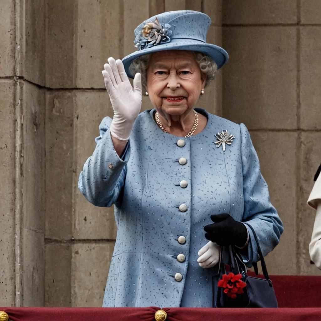 Queen Elizabeth II stands waving on the balcony of Buckingha...