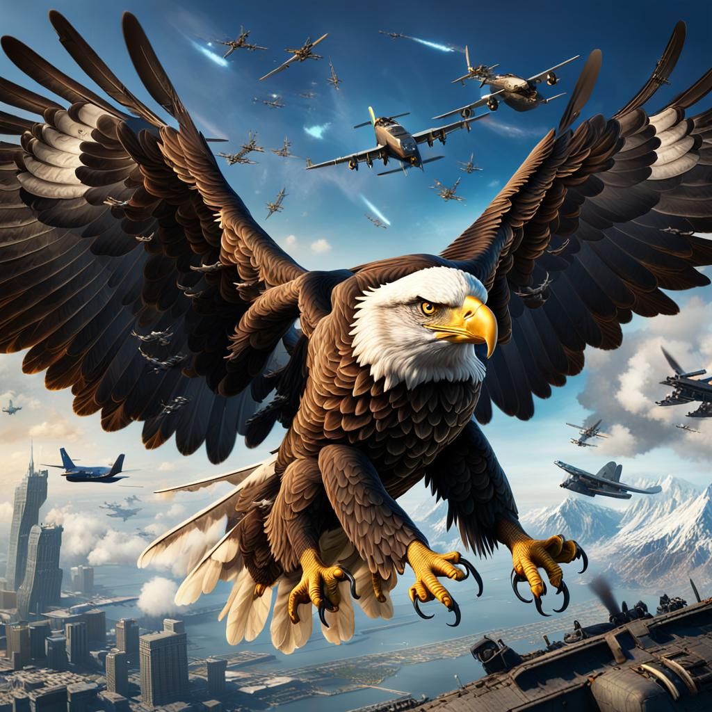 Giant Eagle Dogfight with Machine Guns, Digital Art