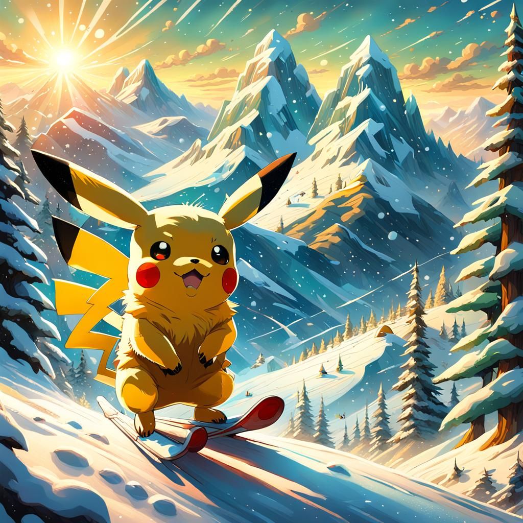Pikachu on Skiing Adventure in Fantasy Landscape