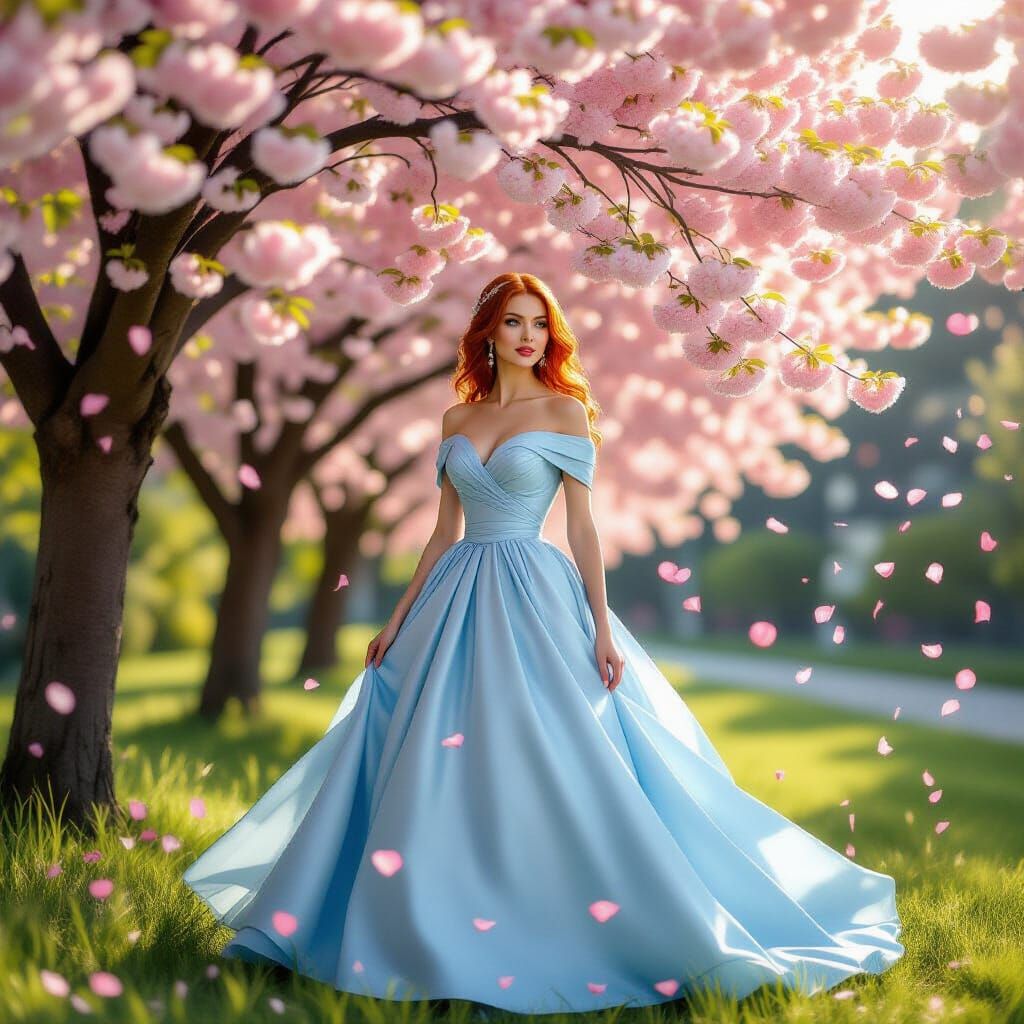 Woman in Blue Dress Under Blossom Tree