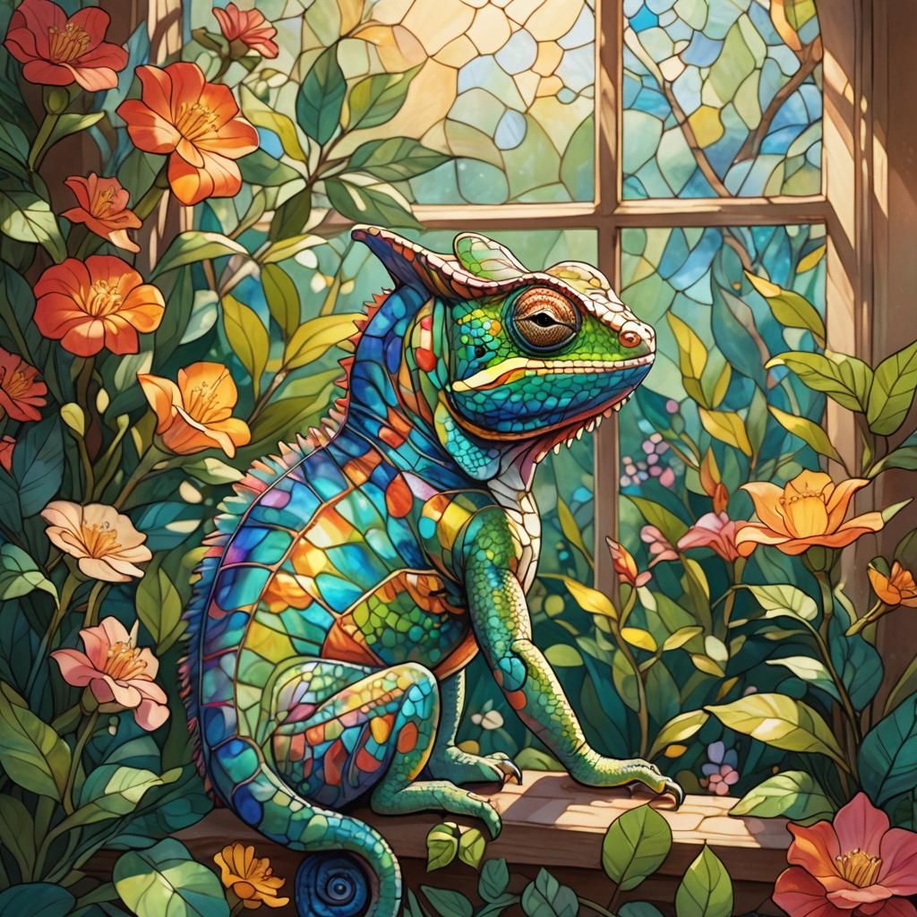 Colorful Chameleon Gazing at Flower Garden