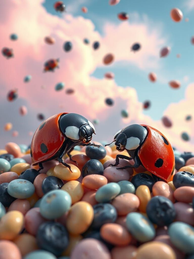 Goodness from the sky blueberries and centres pies, ladybugs hungry eating them like sharks in the sky a swarm of sweets...