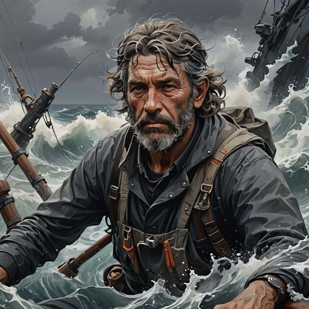 Abstract Fisherman Portrait in Black and Grey