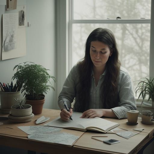 Artist's Workspace with Woman Sketch in Natural Light