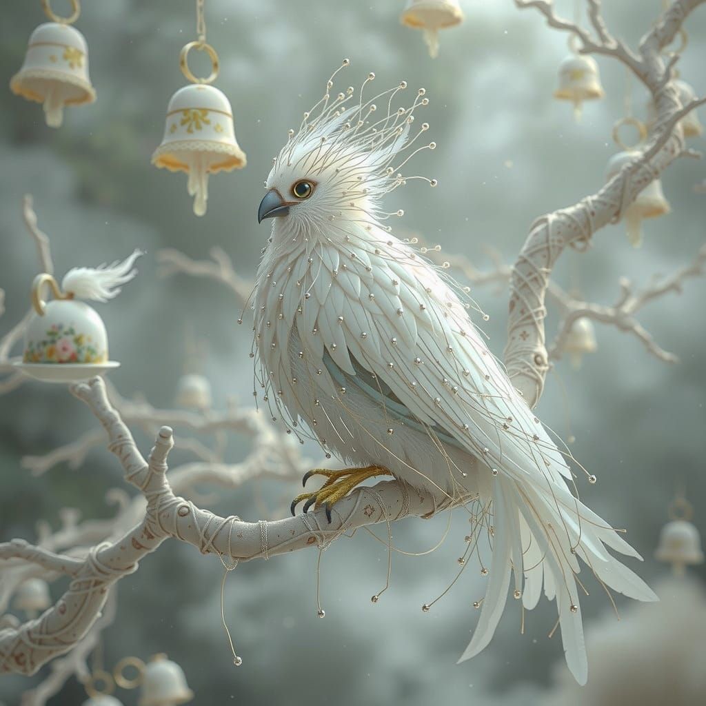 Ethereal Bird with Silver Feathers in Dreamscape