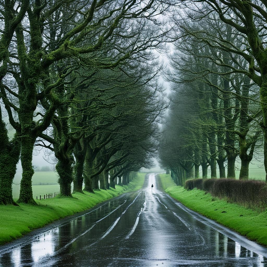 Rainy Country Lane with Puddles