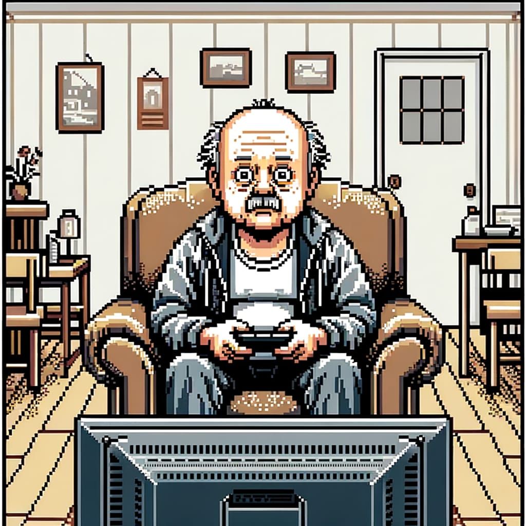 Pixel Art of Man Watching TV in Apartment