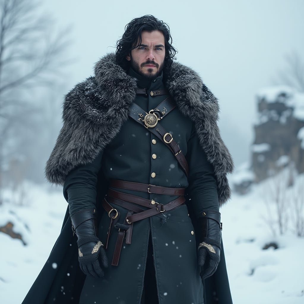 Hyperrealistic Jon Snow in Winterfell Landscape