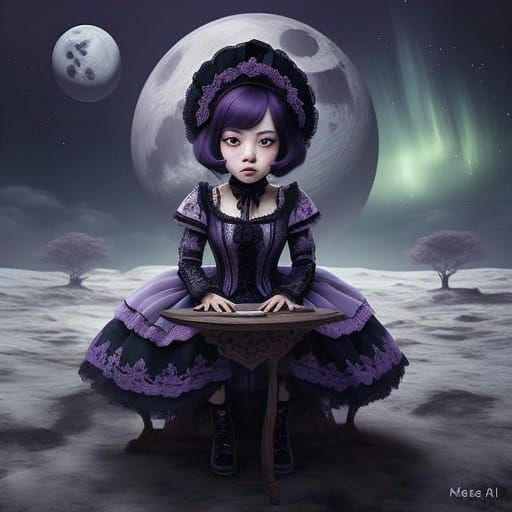 Gothic Victorian Woman Seated on a Tiny Planet in Comic Book...