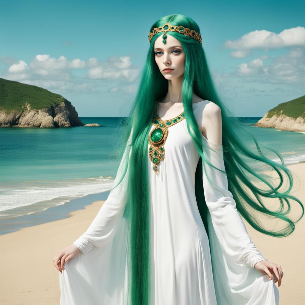 Emerald Haired Princess on Beach, in Art Nouveau Style