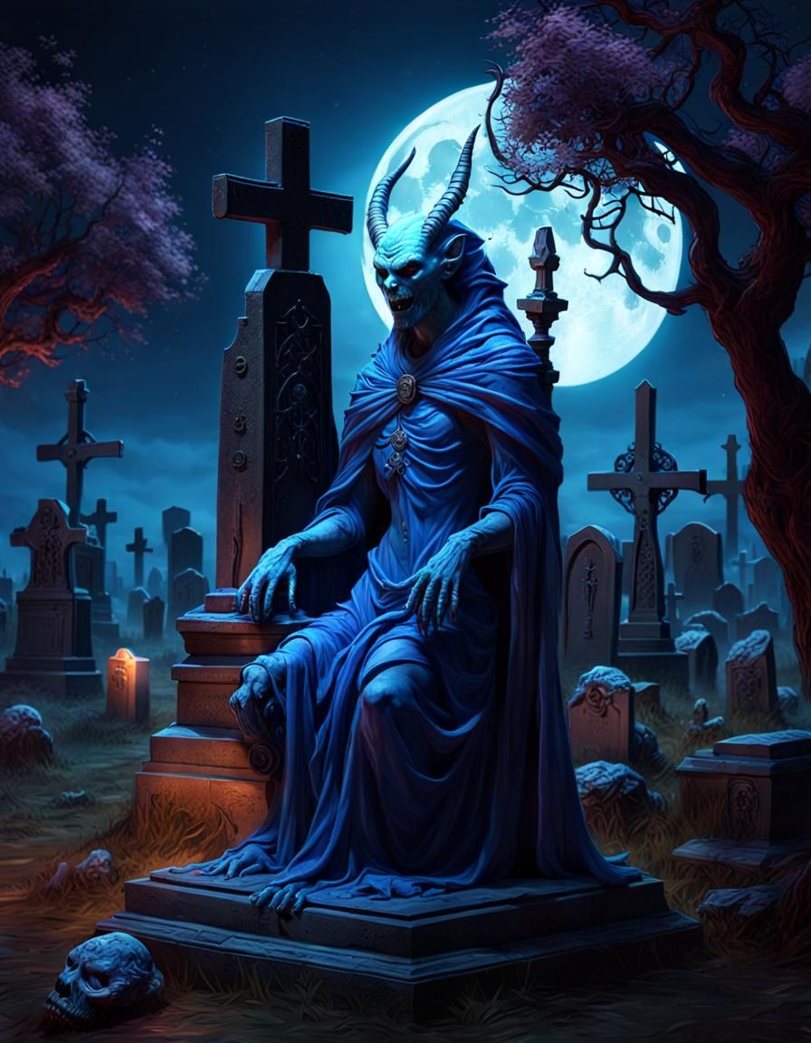 Creepy Blue Creature Guardian in Ancient Graveyard