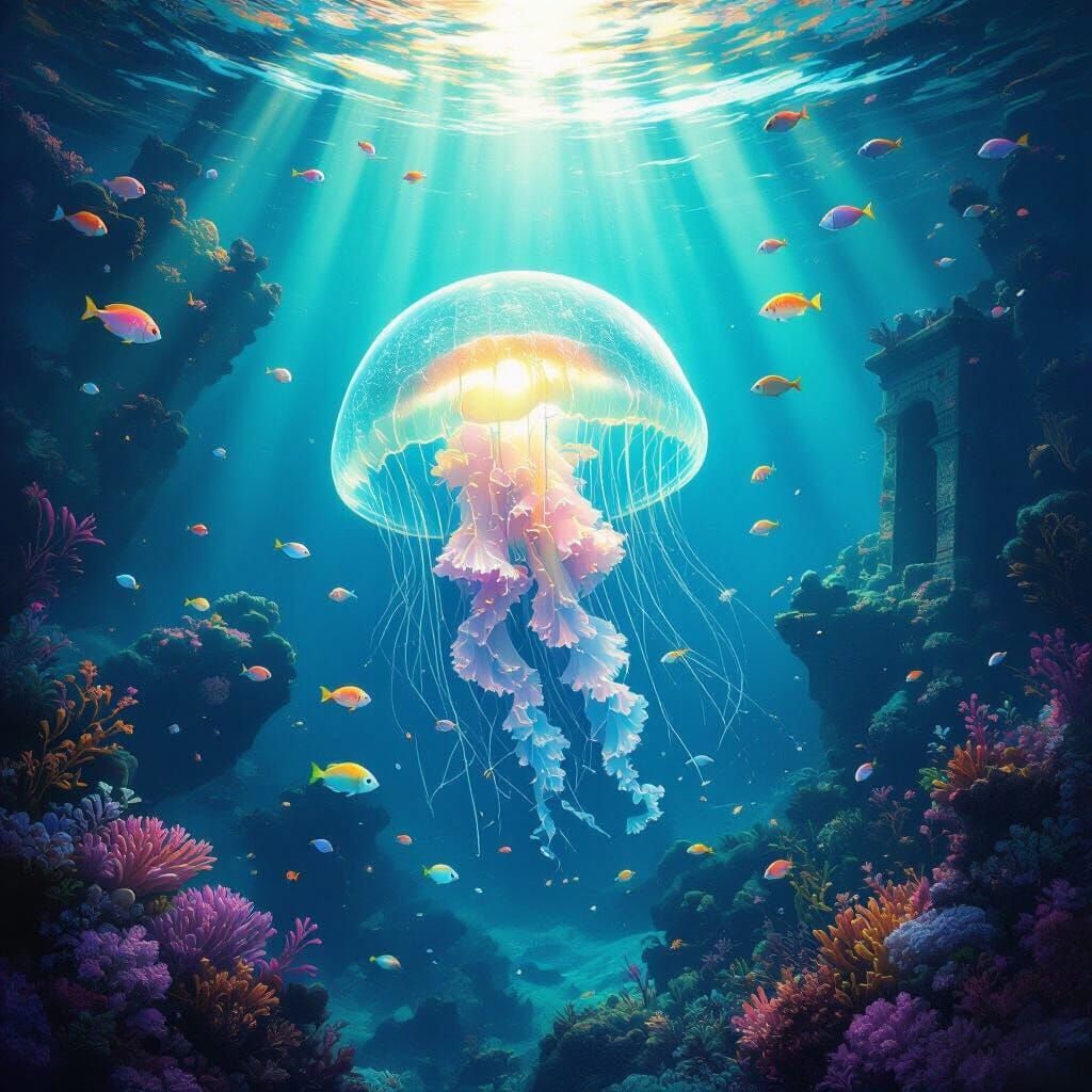 Ethereal Jellyfish in Bioluminescent Coral Kingdom