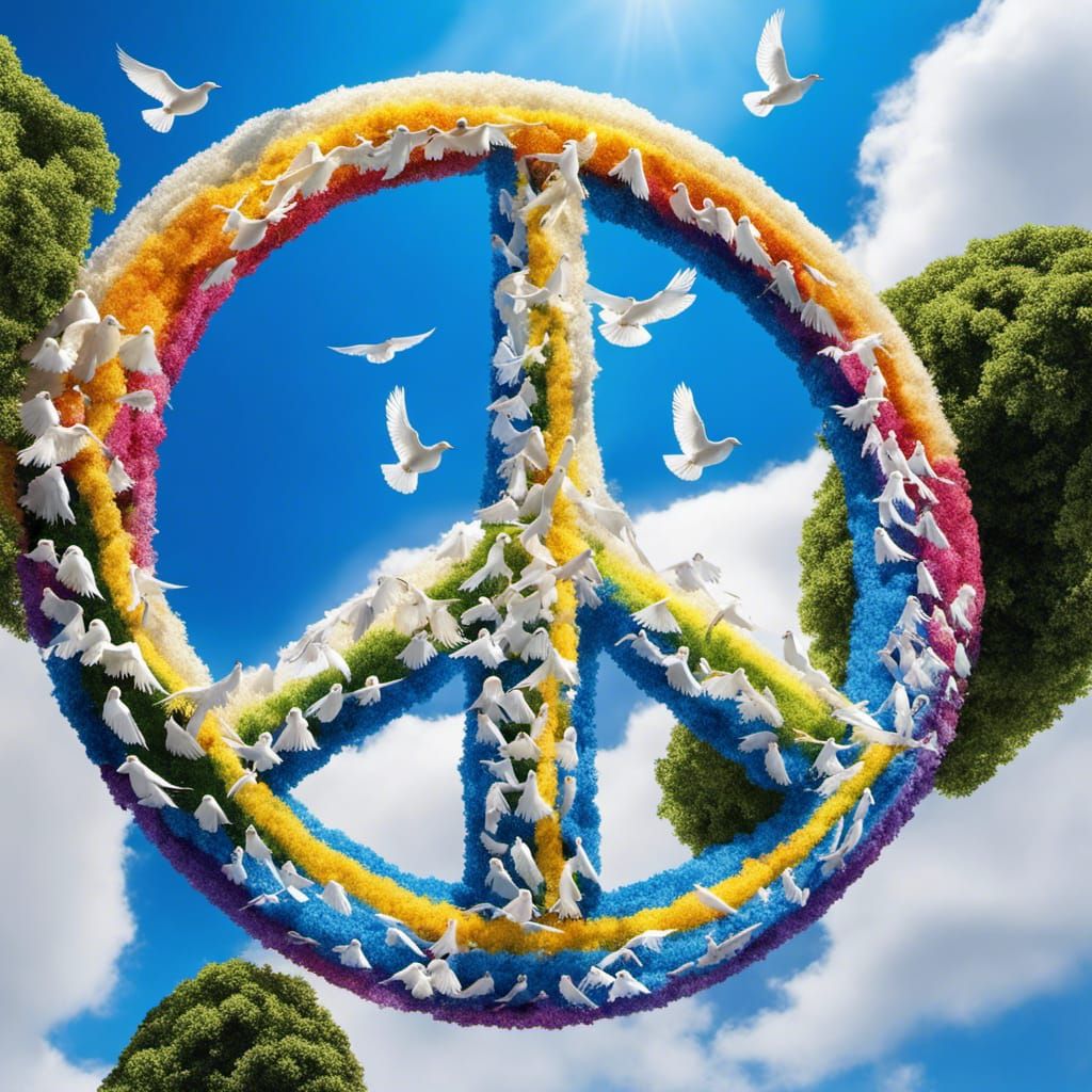 Doves Form Peace Sign in Rainbow Sky