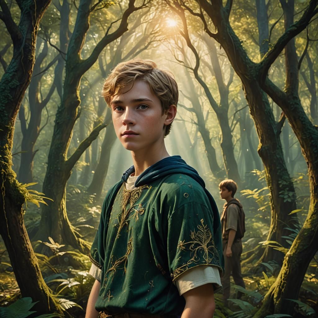 Boy with Freckles in Mystical Forest, Digital Art