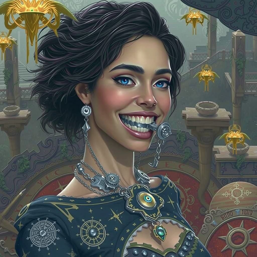 Mysterious Woman in Ornate Gag, Heroic Fantasy Landscape