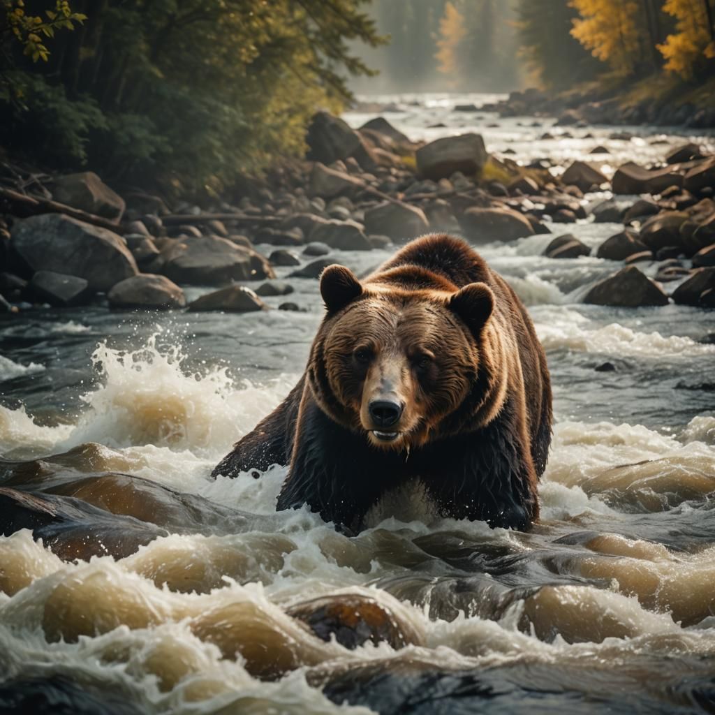 Cinematic River Scene with Bear