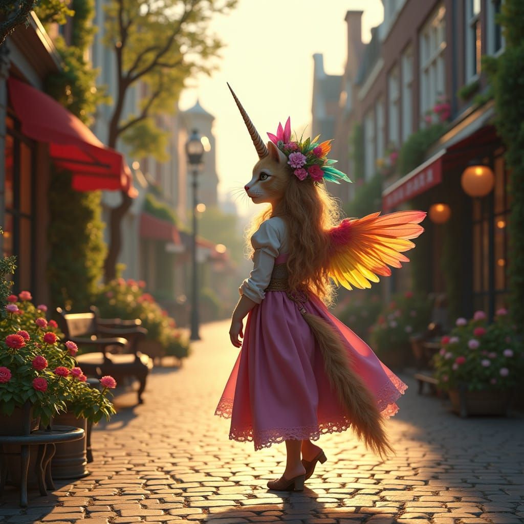 Whimsical Cat-Face Woman Strolls Through Amsterdam
