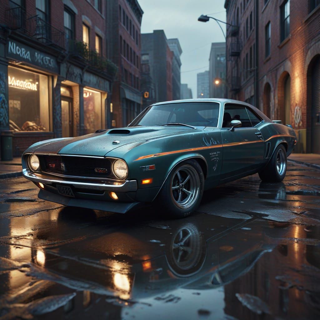 Muscle Car With City Mural In Urban Decay