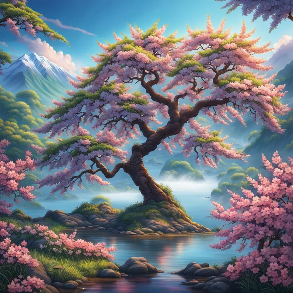 Colourful Cherry Blossoms with Tropical Foliage