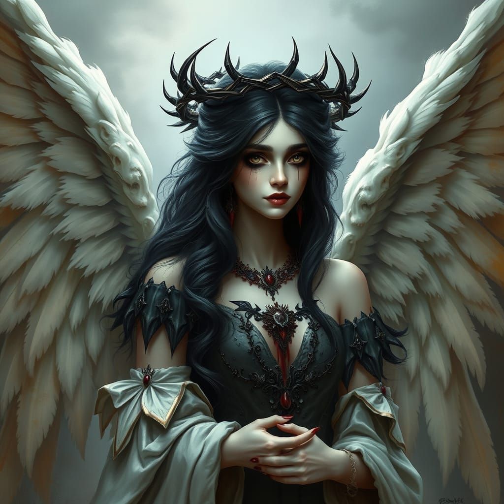 Gothic Fallen Angel with Black Wings and Crown of Thorns