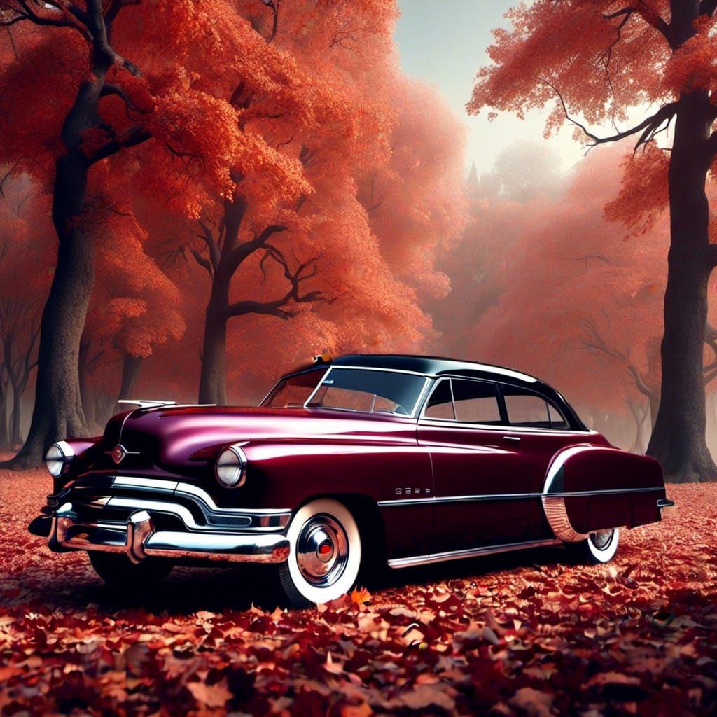 <lora:SuperHyperrealism:1.0>
Full view 1951 rocket 88 Oldsmobile, wine color,  black matte bumpers, autumn background