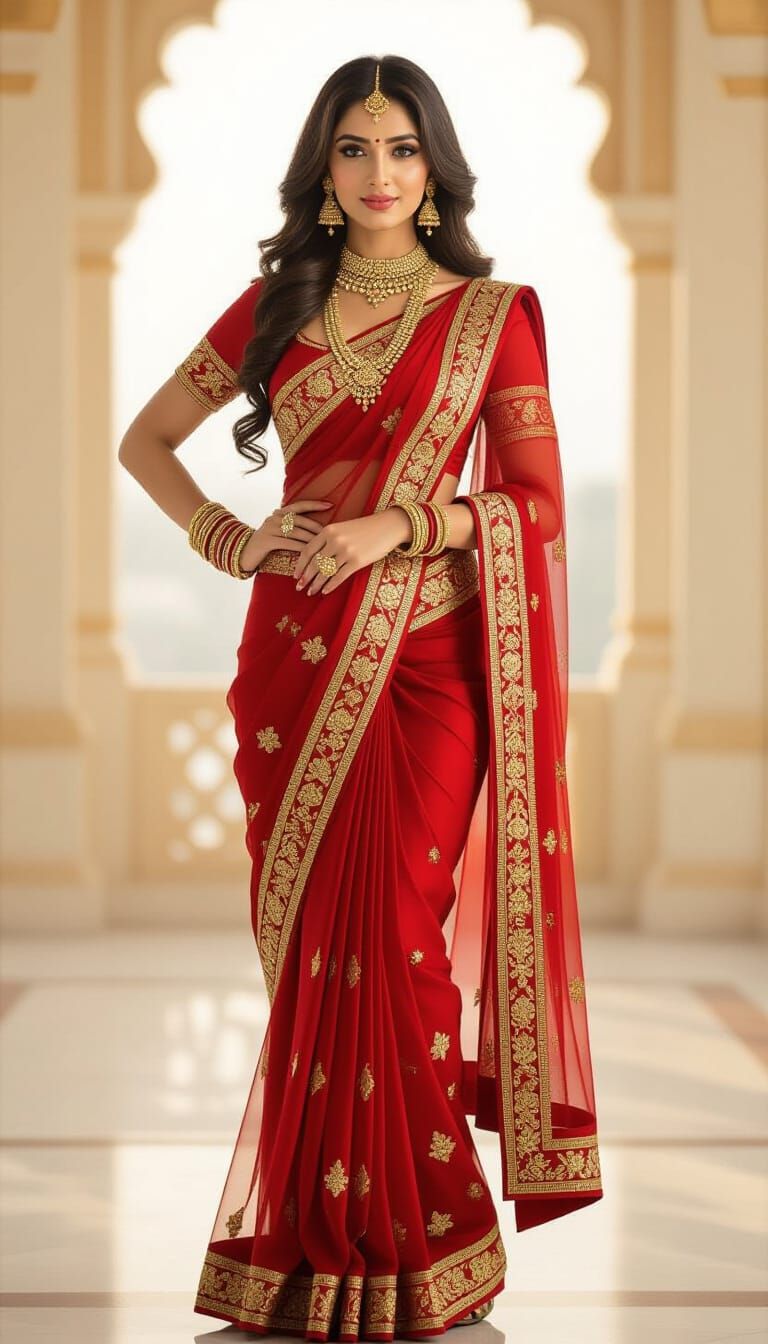 Stunning Indian Woman in Red Saree, Bollywood Style