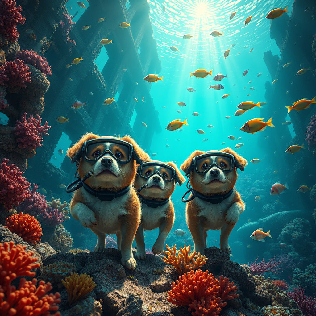 Dogs Scuba Diving in Coral Reef, Detailed Matte Painting