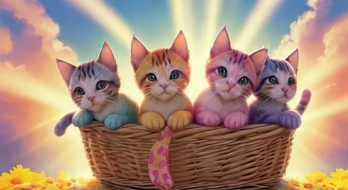 Playful Kittens in Wicker Basket: Hyperrealistic Art