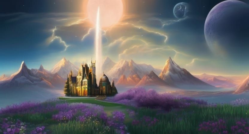 Iridescent Fantasy Landscape with Luminous Sun and Flowers