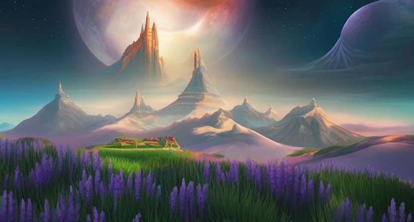 Iridescent Fantasy Landscape with Luminous Sun
