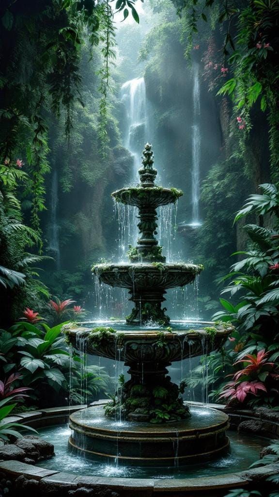Majestic Jungle Fountain with Lush Vegetation