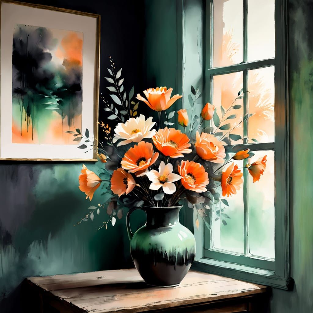 Vibrant Floral Arrangement in Modern Ink Painting