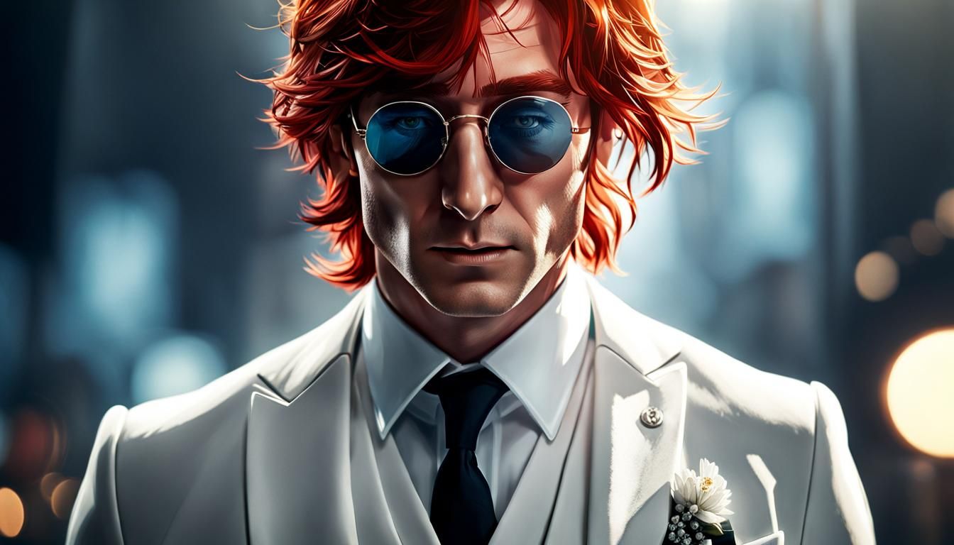 Red-Haired Lennon in White Suit, Hyperrealistic Watercolor