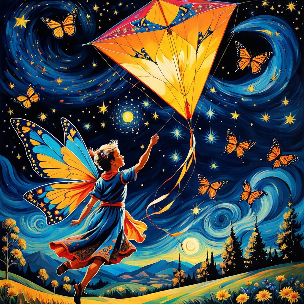 Fairy with Monarch Wings Flying Kite, Van Gogh Style