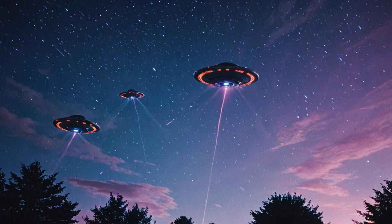 Cosmic Odyssey: Three Flying Saucers in Celestial Dawn