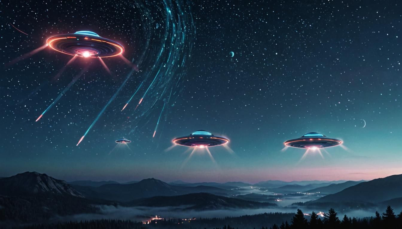 Epic UFOs in Cinematic Night Sky with Fantasy Art Style