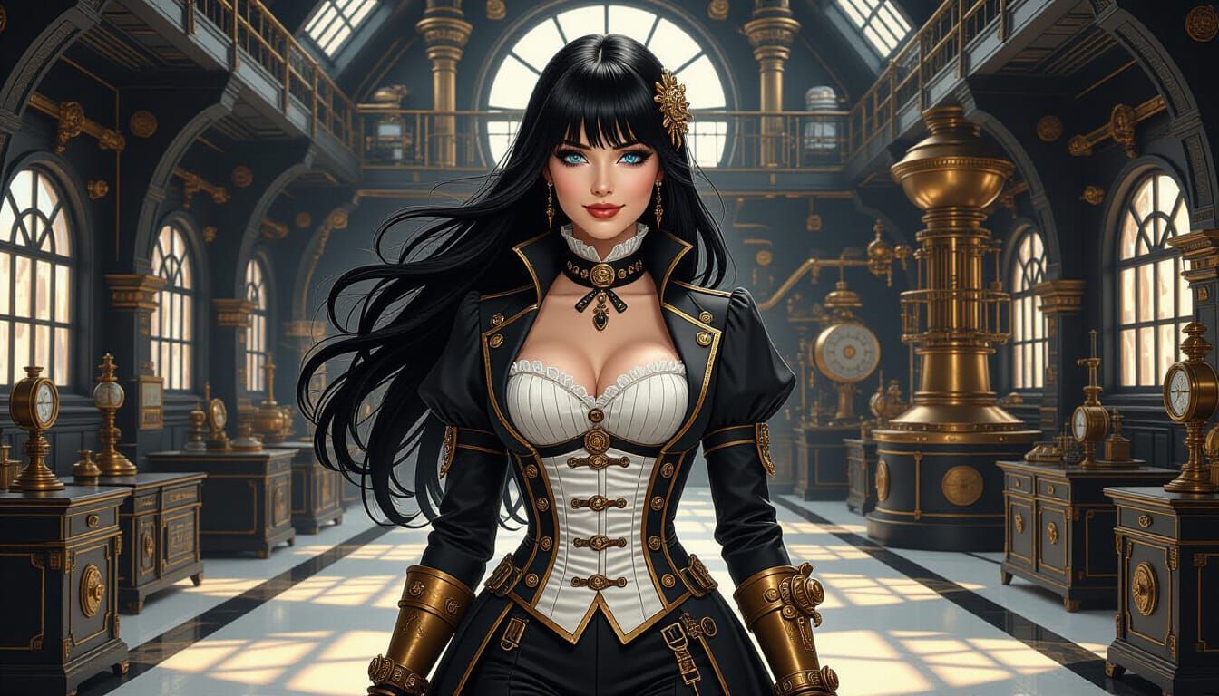 Steampunk Inventor in Victorian Corset in Grand Laboratory