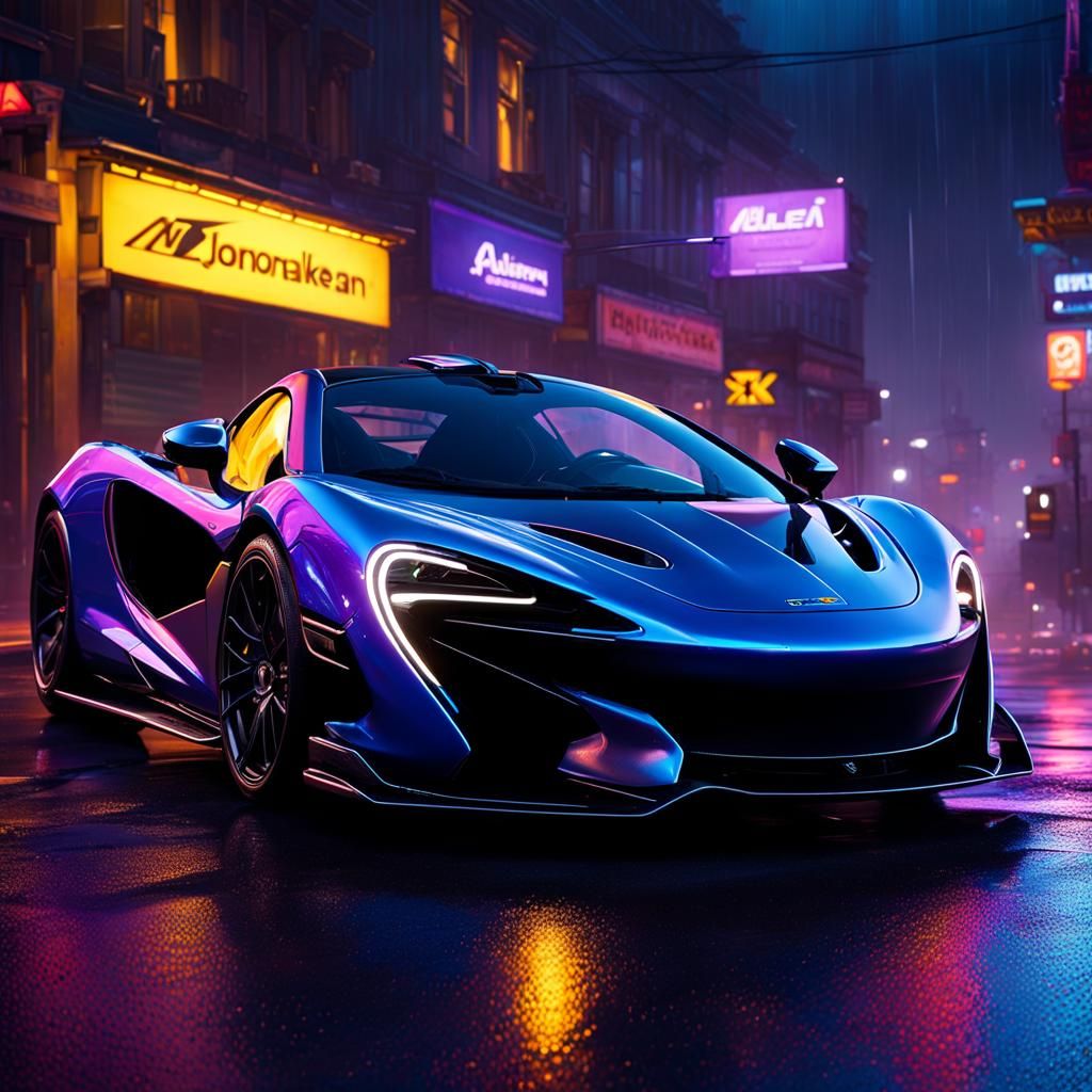 Black McLaren on Neon Street, Dark Fantasy Concept Art