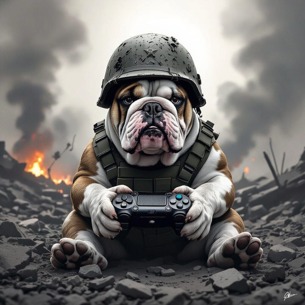 Bulldog with PS5 Controller in War Setting Charcoal Sketch