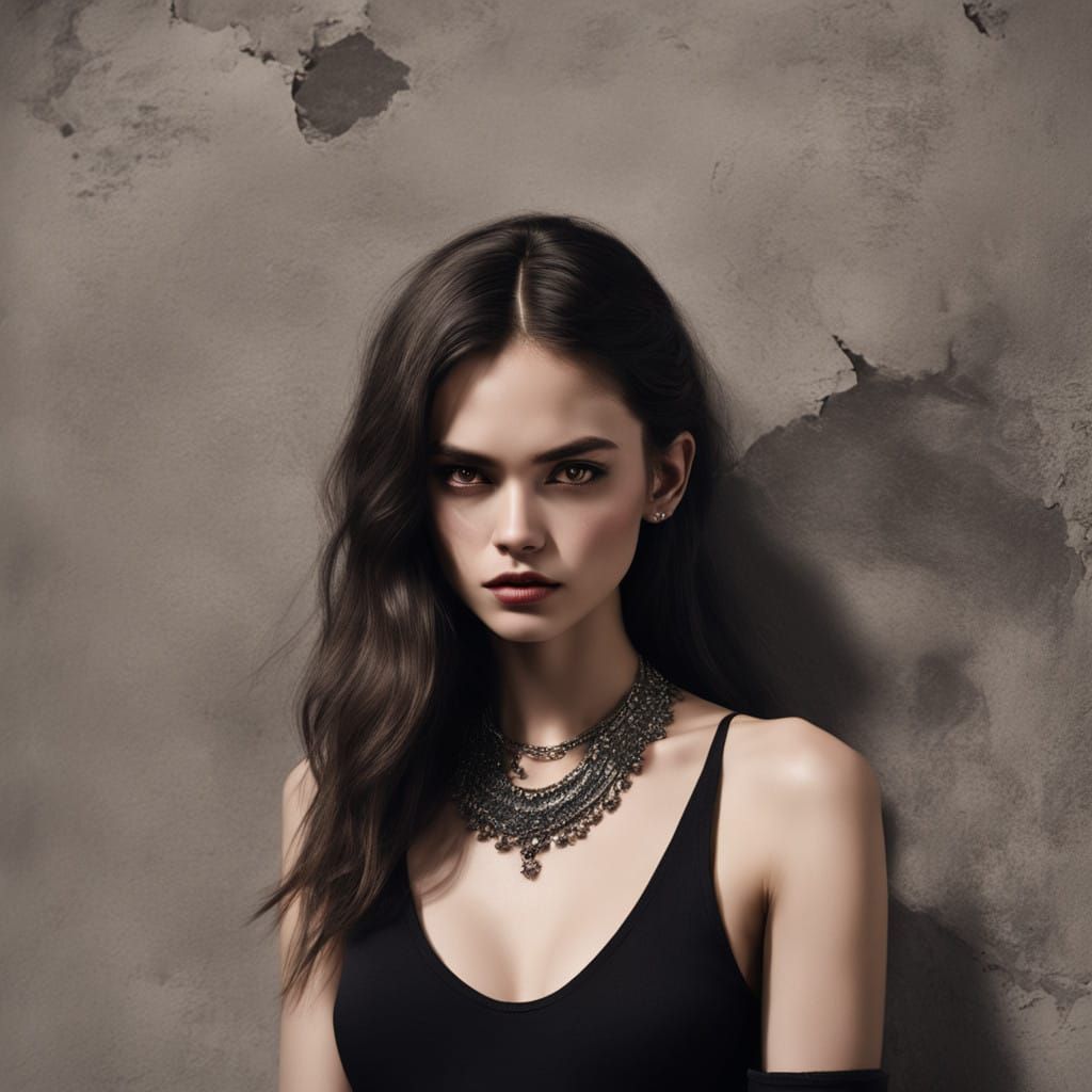 Standing against the wall of her father's mansion, Pythia has long, dark brown hair that falls in loose waves down her b...