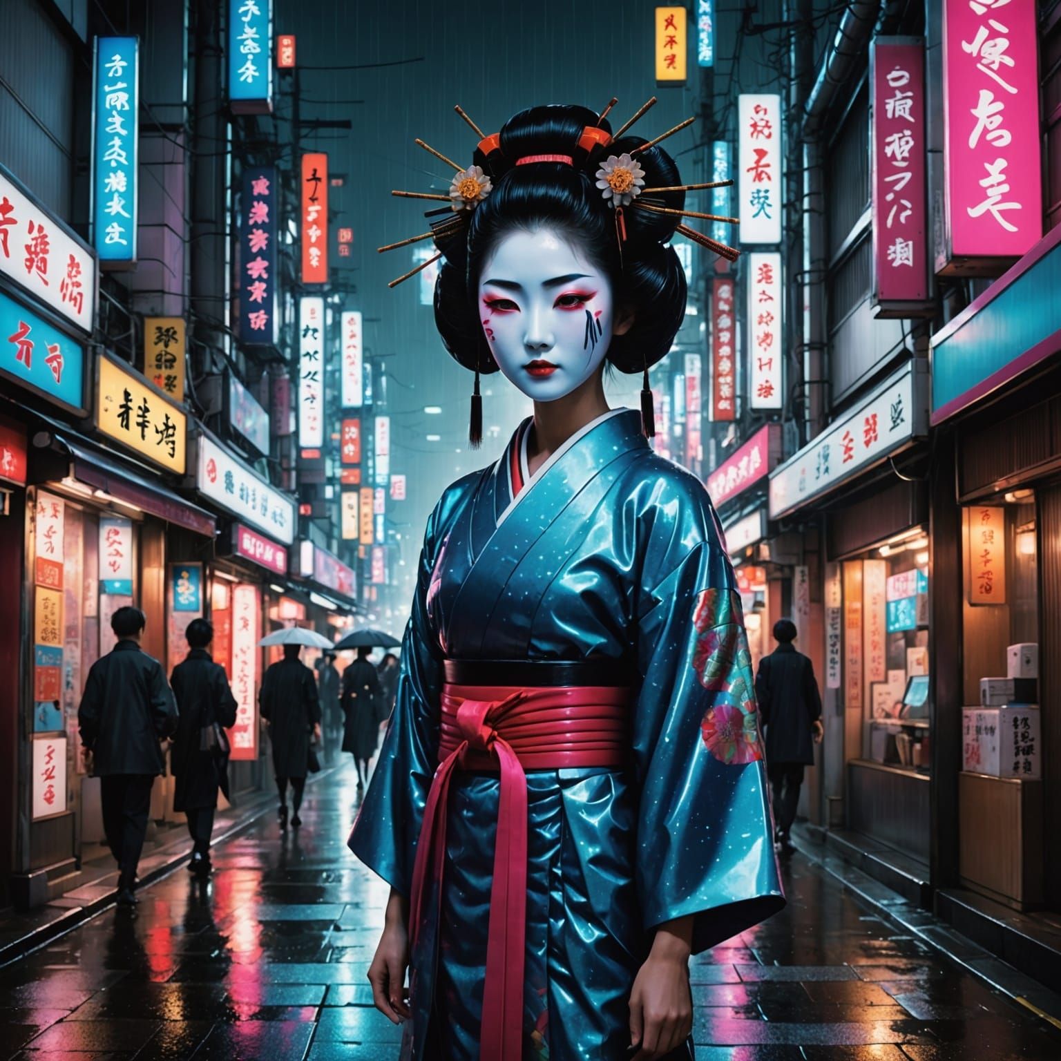 Cyberpunk Tokyo Geisha in Neon Rain