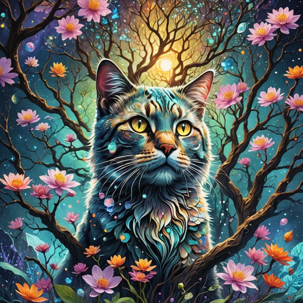 Astral Tree Cat in Bloom: Holographic Illustration