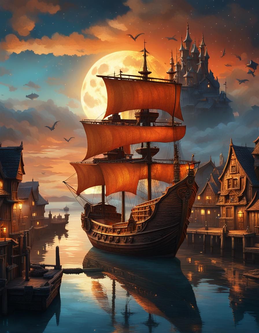 Wooden Ship Sails Under Orange Galaxy: Fantasy Art