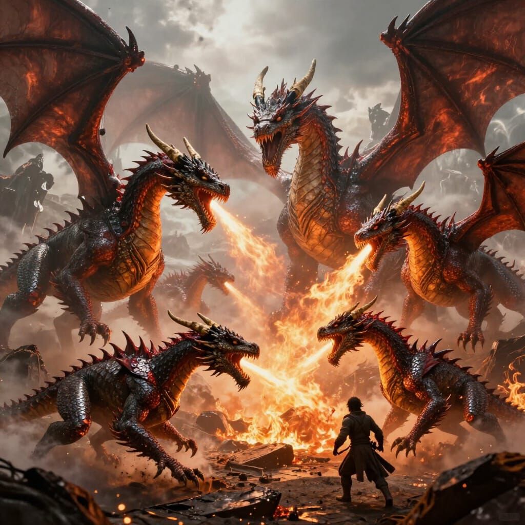 Colossal Dragons Battle in Fiery Aerial Combat