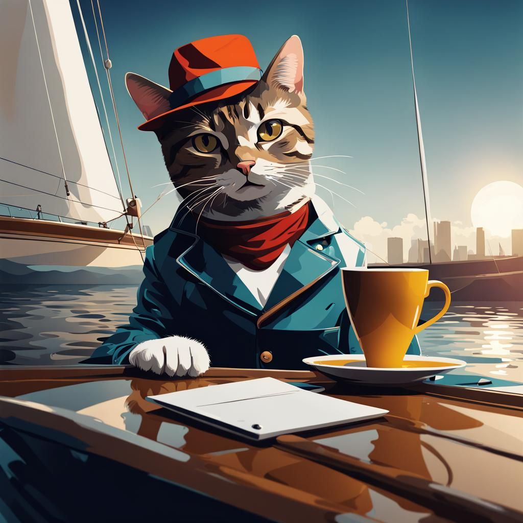 Cat on Yacht: Pop Art Digital Illustration